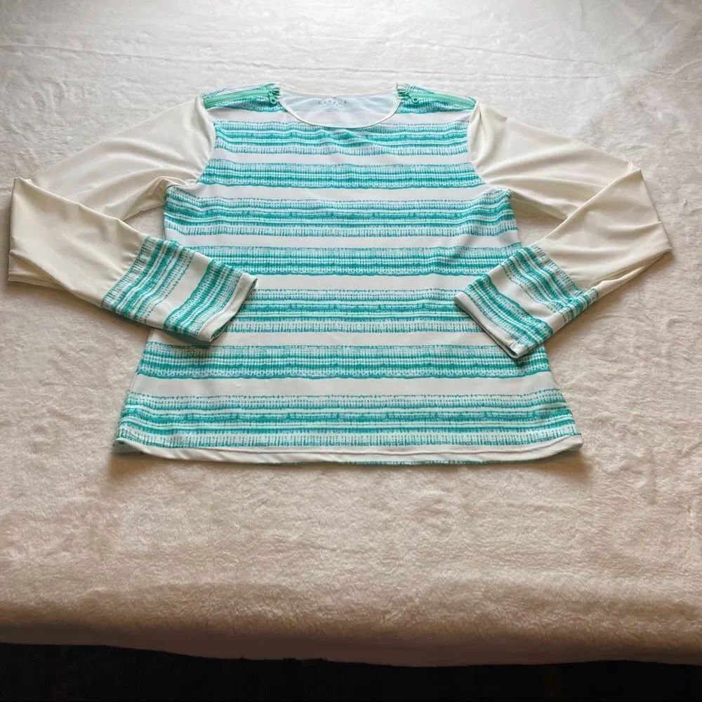 Cabana Life Long Sleeve White, Blue Teal Top Size XL